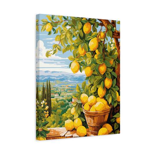 Squeezy Lemons Paint By Numbers Kit showing a bright lemon tree with a basket of lemons set against a Mediterranean landscape shown in a frame