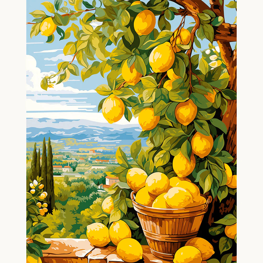 Squeezy Lemons Paint By Numbers Kit showing a bright lemon tree with a basket of lemons set against a Mediterranean landscape.