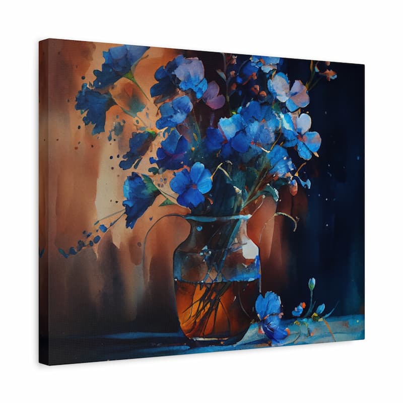Canvas print of a blue floral painting with a dark background