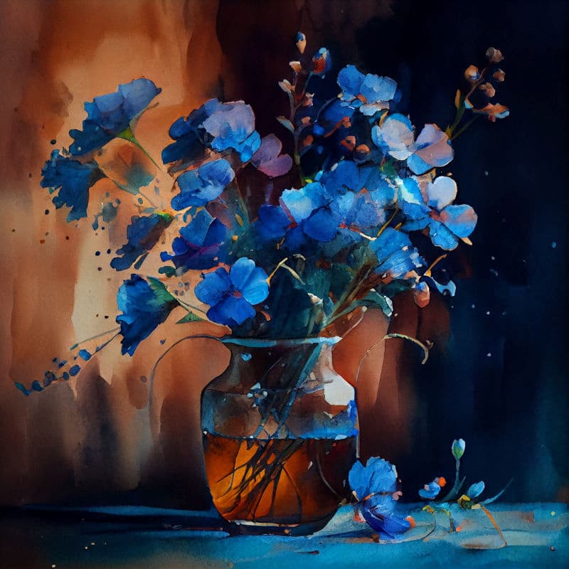 Artistic depiction of blue flowers in a vase with a dark background