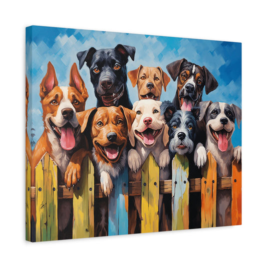 Summer of Dogs Paint By Numbers Kit featuring a cheerful group of colorful dogs behind a wooden fence shown in a frame