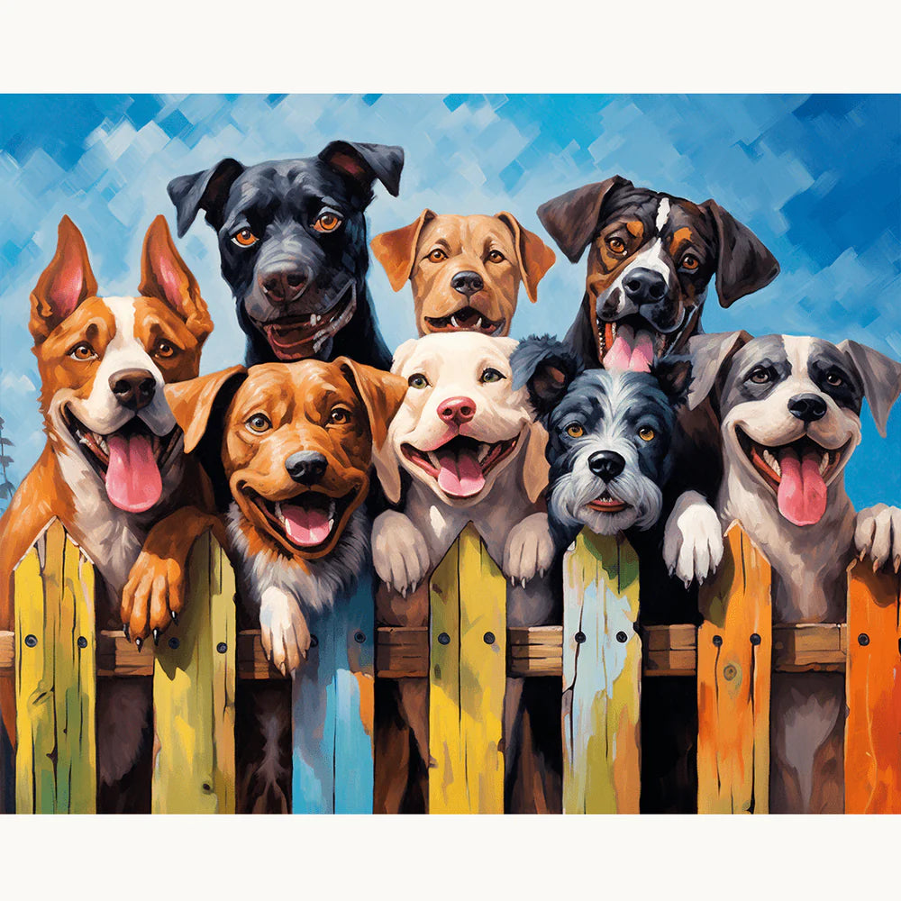 Summer of Dogs Paint By Numbers Kit featuring a cheerful group of colorful dogs behind a wooden fence