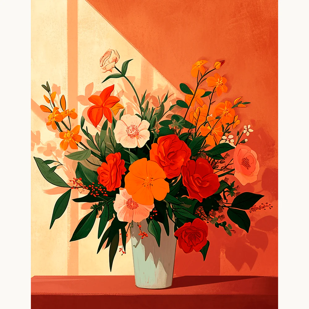 Sun-Kissed Blooms Paint By Numbers showing a vivid floral arrangement in a vase, bathed in soft sunlight with rich red and orange hues.