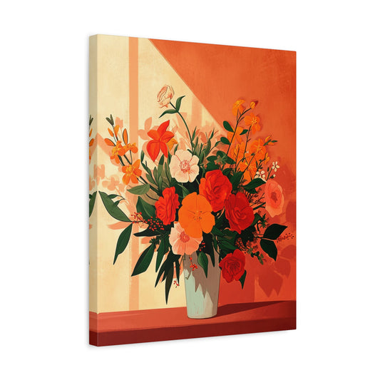 Sun-Kissed Blooms Paint By Numbers showing a vivid floral arrangement in a vase, bathed in soft sunlight with rich red and orange hues shown in a frame.