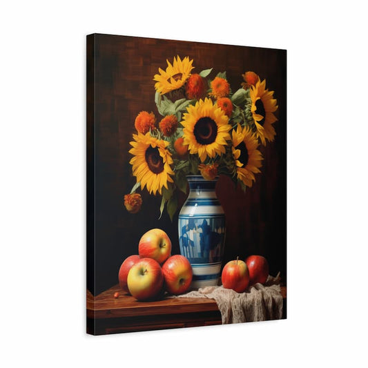 Canvas print of a still life scene with sunflowers and apples on a wooden table.