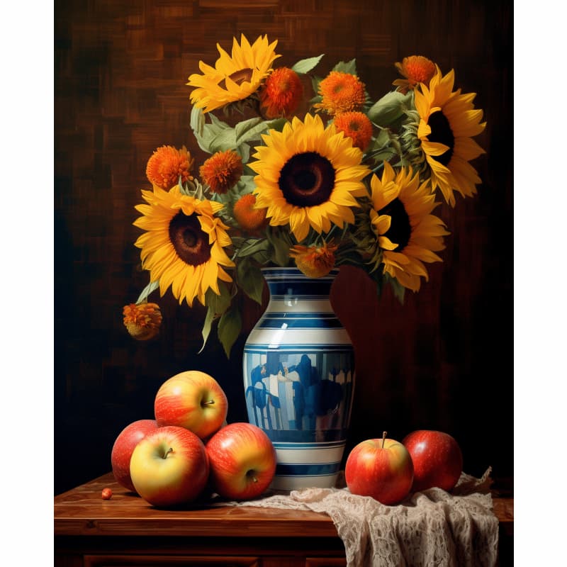 Still life with sunflowers and apples on a wooden table against a dark background