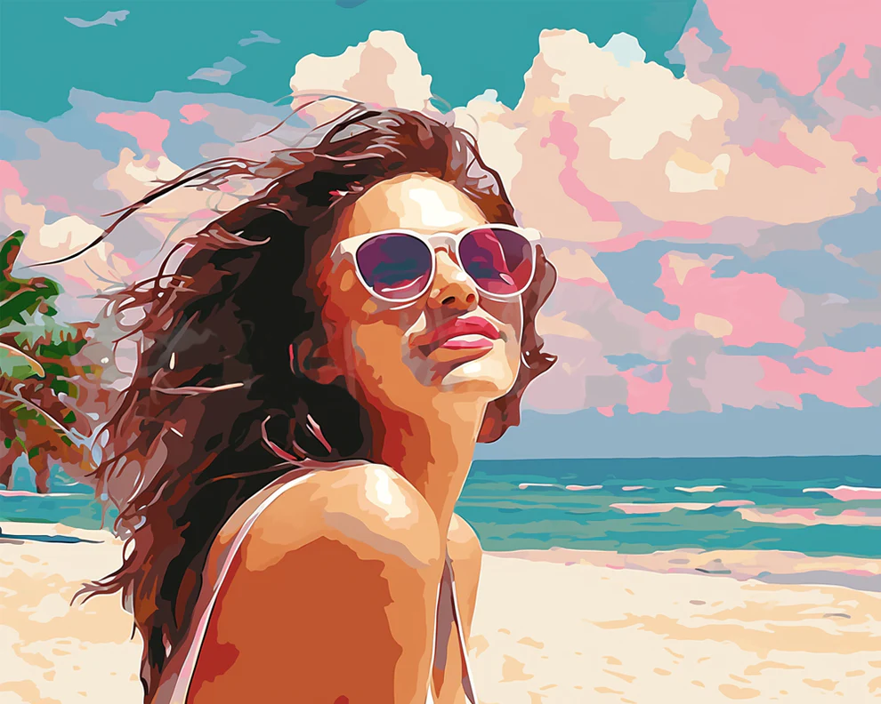 Sunlit Bliss Paint By Numbers showing a vibrant summer portrait of a woman in sunglasses smiling at the beach with colorful clouds and turquoise sea in the background