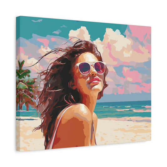 Sunlit Bliss Paint By Numbers showing a vibrant summer portrait of a woman in sunglasses smiling at the beach with colorful clouds and turquoise sea in the background in a frame