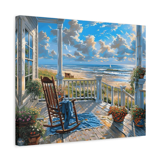 Sunset by Seaside Paint By Numbers painting showcasing a cozy front porch with a wooden rocking chair, blue blanket, potted flowers, and ocean waves under a golden evening sky shown in a frame