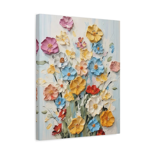 Sunshine Meadow 3D Flowers Paint By Numbers painting featuring sculpted yellow, blue, red, pink, and white flowers arranged in a wild garden bouquet against a soft pastel background shown in a frame