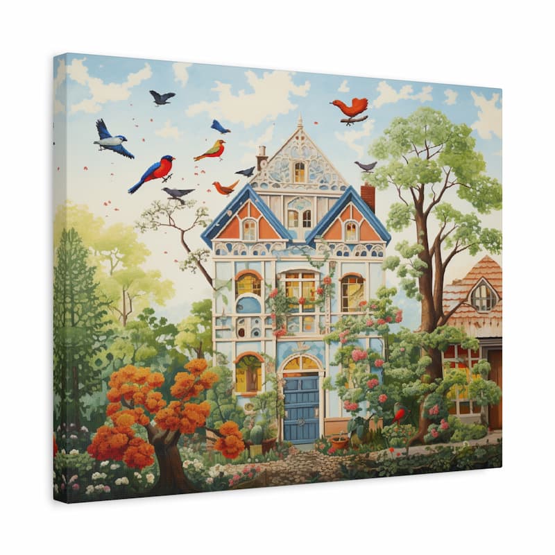 Colorful painting of a decorative house with birds and trees