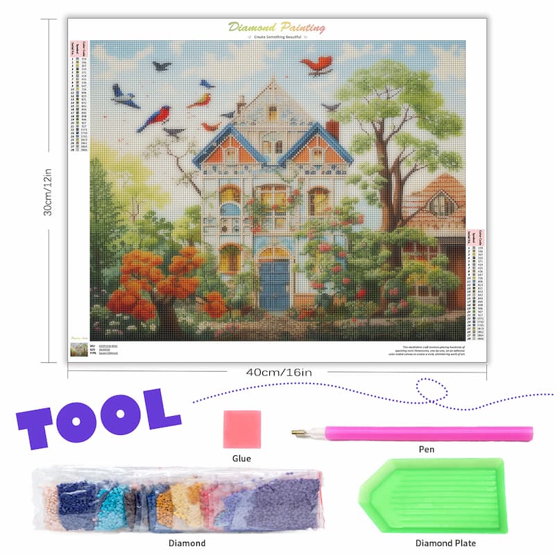 Diamond painting kit with house design, tools, and materials on a white background