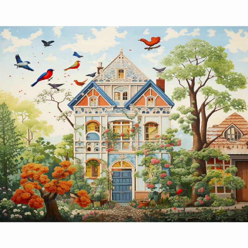 Colorful house with decorative elements and birds in a garden setting
