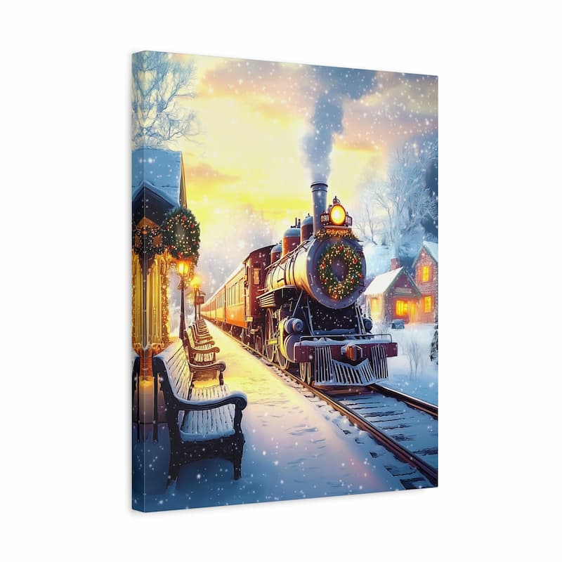 Canvas print of a steam train on tracks with a bench and festive lights in a snowy scene.