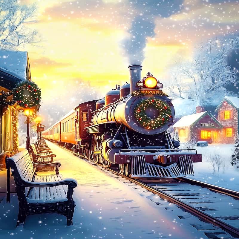 Vintage steam train on a snowy railway station platform with festive decorations.