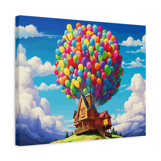 The Floating Home Paint By Numbers Kit featuring a house lifted by colorful balloons soaring into a bright blue sky with dreamy clouds in the background shown in a frame