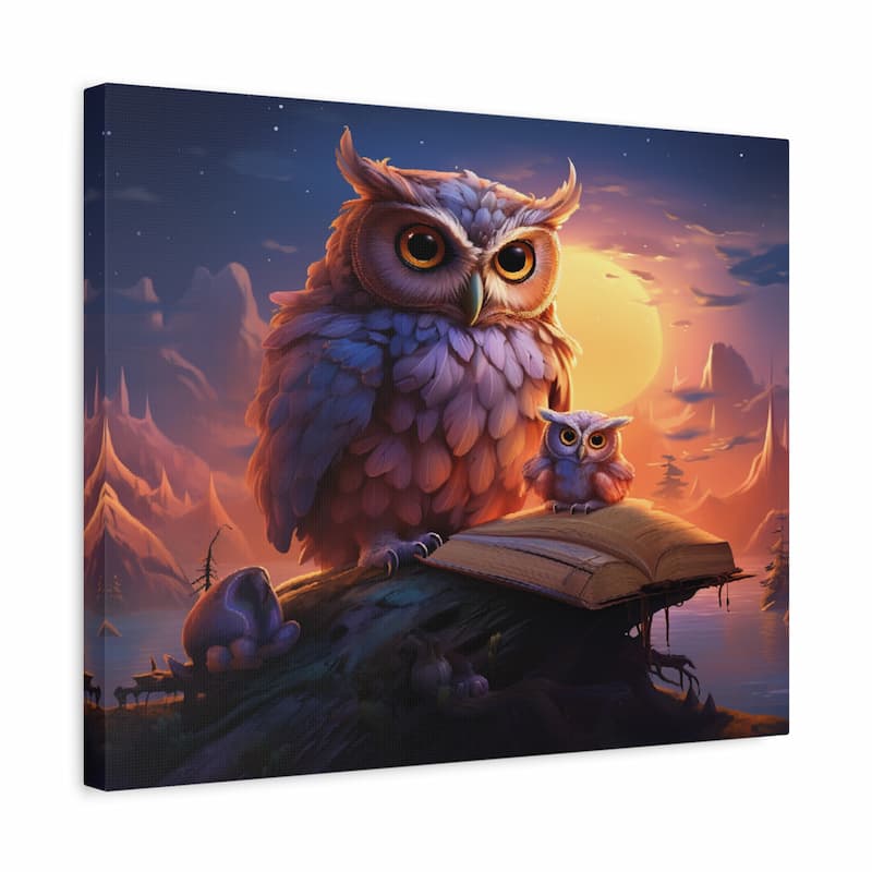 Canvas print with an illustration of two owls on a log against a night sky with a full moon.