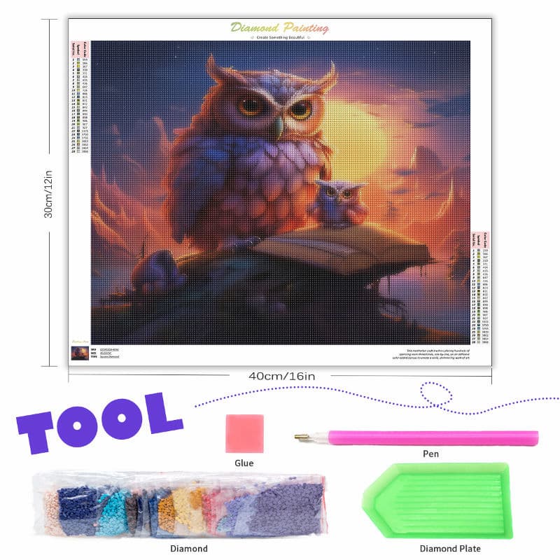 Diamond painting kit with an owl design, tools, and materials on a white background
