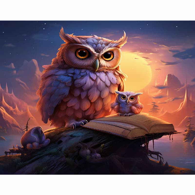 Two owls on a log with an open book against a mystical landscape.