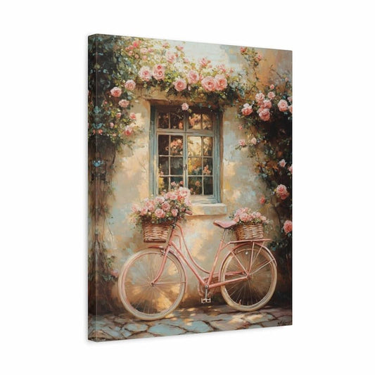 Canvas print of a pink bicycle with flower baskets in front of a window with floral decorations.