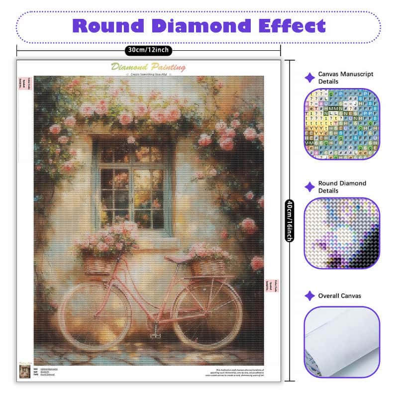 Diamond painting kit with a bicycle and floral window design, showing round diamond effect and canvas details.