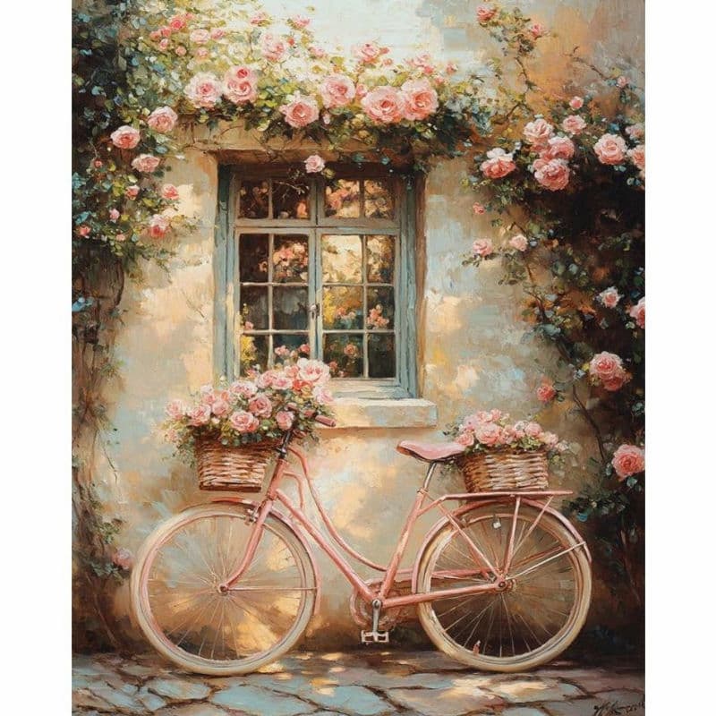 Pink bicycle with flower baskets in front of a window with floral decorations