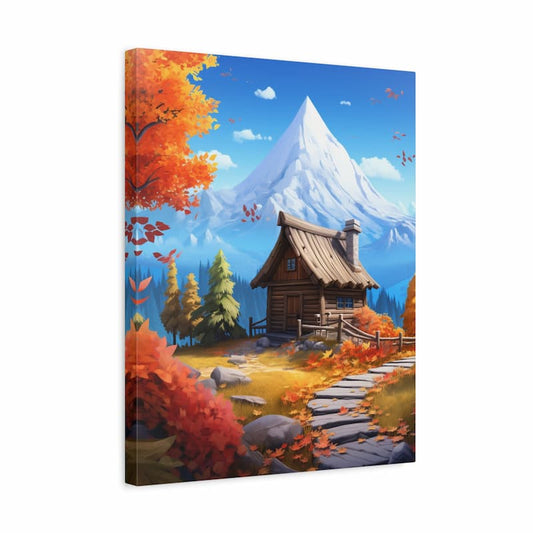 Canvas print of a mountain landscape with a cabin and autumn trees.