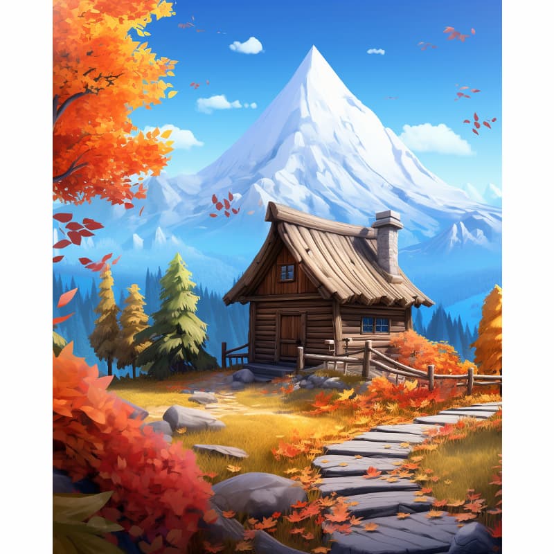 Wooden cabin in a mountainous landscape with autumn foliage