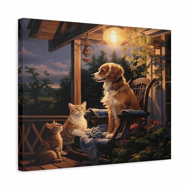 Painting of a dog and cats sitting on a porch with a warm light.