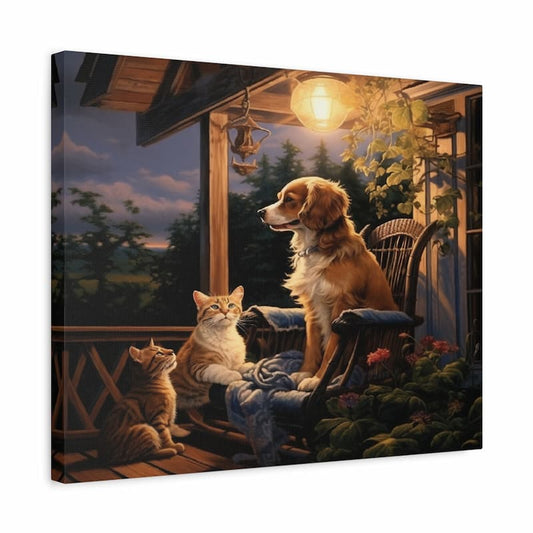 Painting of a dog and cats sitting on a porch with a warm light.