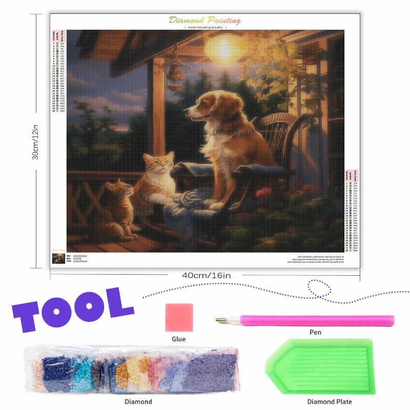 Diamond painting kit with a picture of a dog and cat on a porch, tools, and materials displayed below.