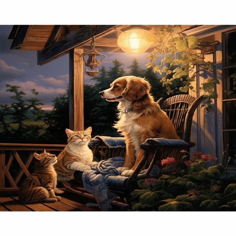 Dog and cats sitting on a porch with a warm light hanging above