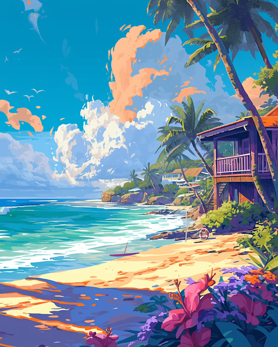 Coastal beach with turquoise waves, palm trees, vibrant flowers, and island homes beneath a bright sky, perfect for Paint By Numbers fans in Canada