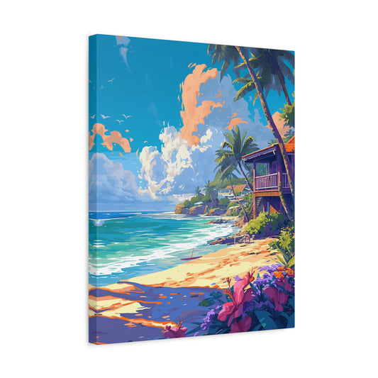 Coastal beach with turquoise waves, palm trees, vibrant flowers, and island homes beneath a bright sky, perfect for Paint By Numbers fans in Canaada shown in a frame