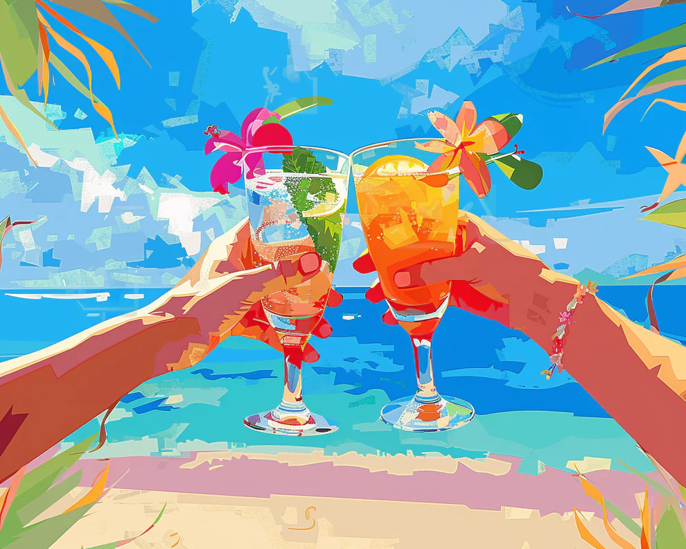 Two hands clinking vibrant tropical drinks with flowers on a sunny beach, surrounded by ocean waves and palm leaves, perfect for summer Paint By Numbers Canada