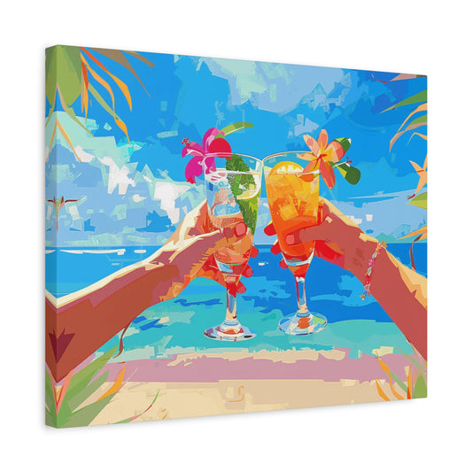 Two hands clinking vibrant tropical drinks with flowers on a sunny beach, surrounded by ocean waves and palm leaves, perfect for summer Paint By Numbers Canada shown in a frame