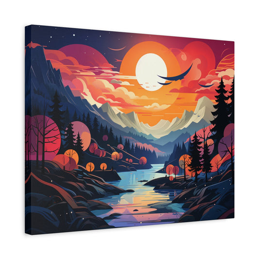 Twilight Reflections Paint By Numbers painting featuring a glowing mountain sunset over a reflective river, with colorful skies, pine trees, and dreamy light in a surreal landscape shown in a frame