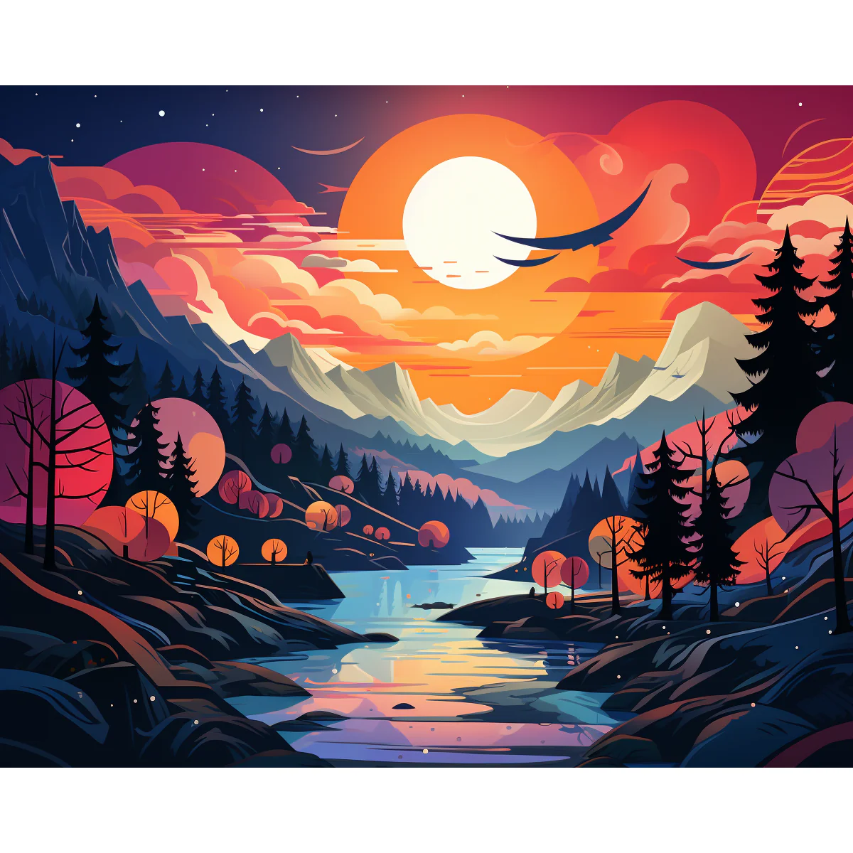Twilight Reflections Paint By Numbers painting featuring a glowing mountain sunset over a reflective river, with colorful skies, pine trees, and dreamy light in a surreal landscape.