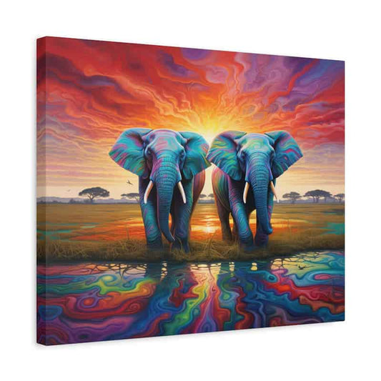Colorful 5d diamond painting of two elephants facing each other with a sunset background
