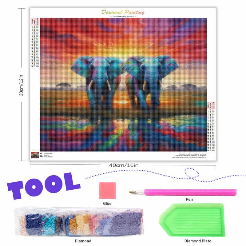 5D Diamond painting kit with two elephants at sunset, tools, and materials displayed.