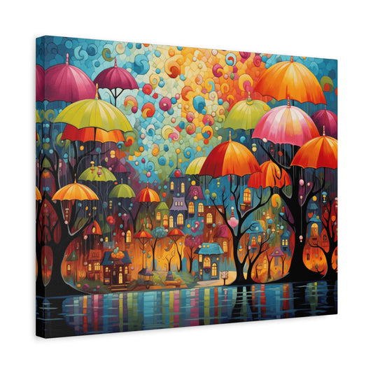 Umbrella Rainbow Paint By Numbers Kit showing a dreamy cityscape with floating umbrellas, colourful swirls in the sky, and whimsical trees reflecting in water shown in a frame