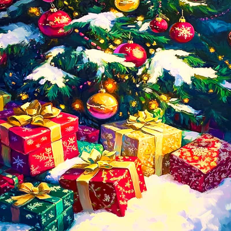 Decorated Christmas tree with colorful presents and ornaments