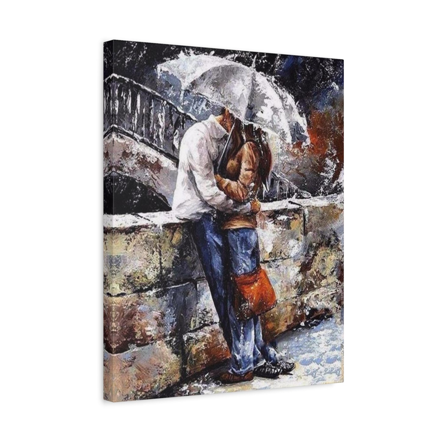 Under the Same Umbrella Paint By Numbers artwork showing a couple sharing a kiss under an umbrella on a stone bridge, surrounded by moody textures and rain shown in a frame