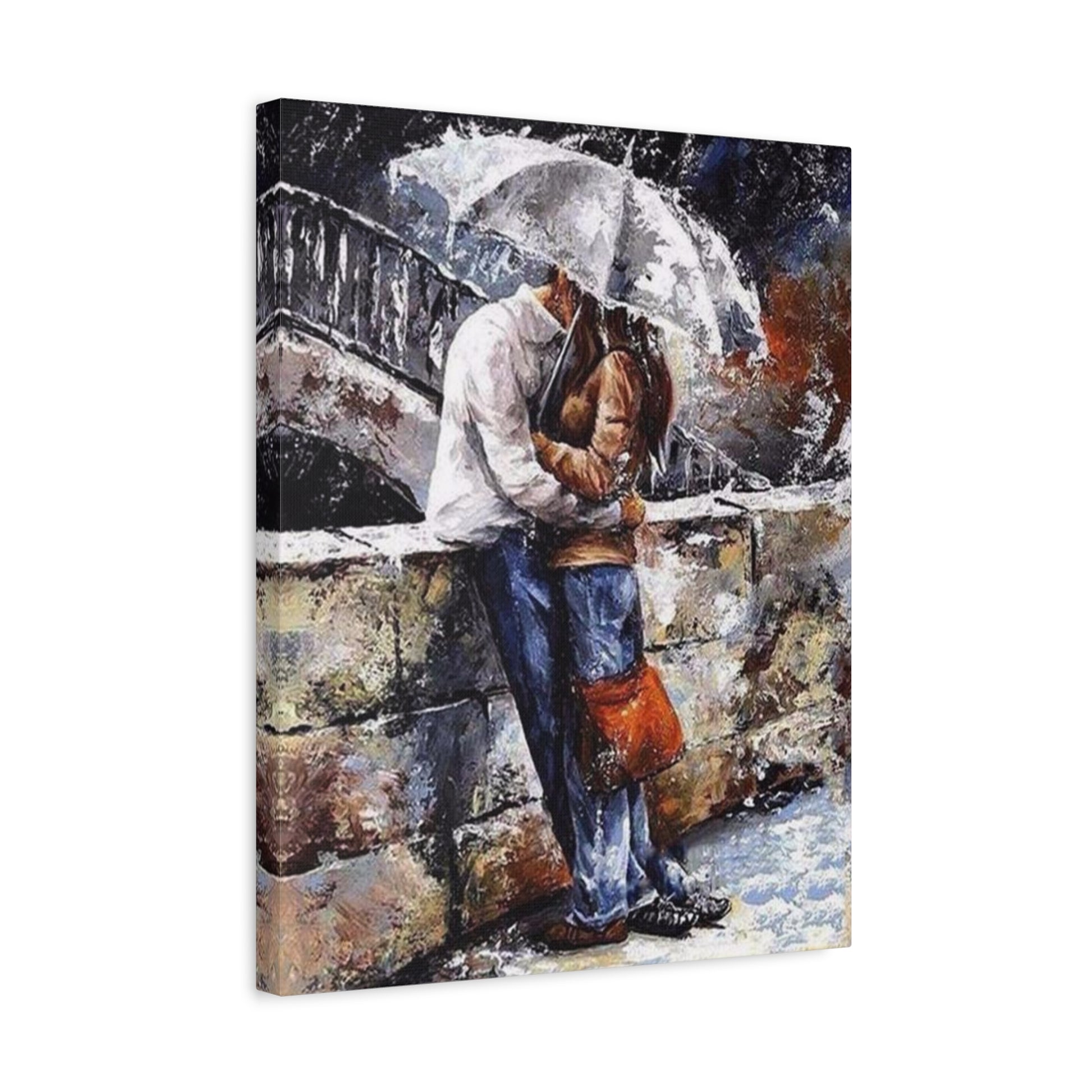 Under the Same Umbrella Paint By Numbers artwork showing a couple sharing a kiss under an umbrella on a stone bridge, surrounded by moody textures and rain shown in a frame