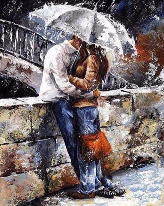 Under the Same Umbrella Paint By Numbers artwork showing a couple sharing a kiss under an umbrella on a stone bridge, surrounded by moody textures and rain