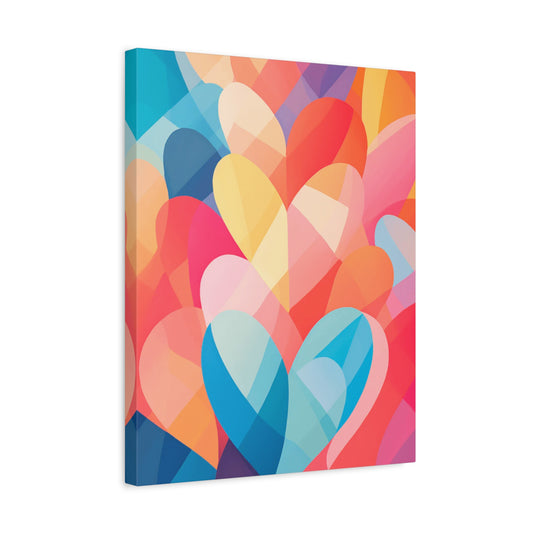 United in Color Paint By Numbers canvas featuring a vibrant abstract composition of multicolored hearts overlapping against a warm background shown in a frame.