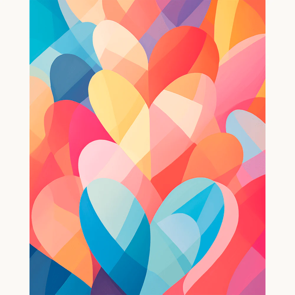 United in Color Paint By Numbers canvas featuring a vibrant abstract composition of multicolored hearts overlapping against a warm background.