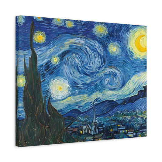Paint By Numbers kit of Van Gogh’s The Starry Night – swirling sky over a quiet town at night, Canadian art kit shown in a frame