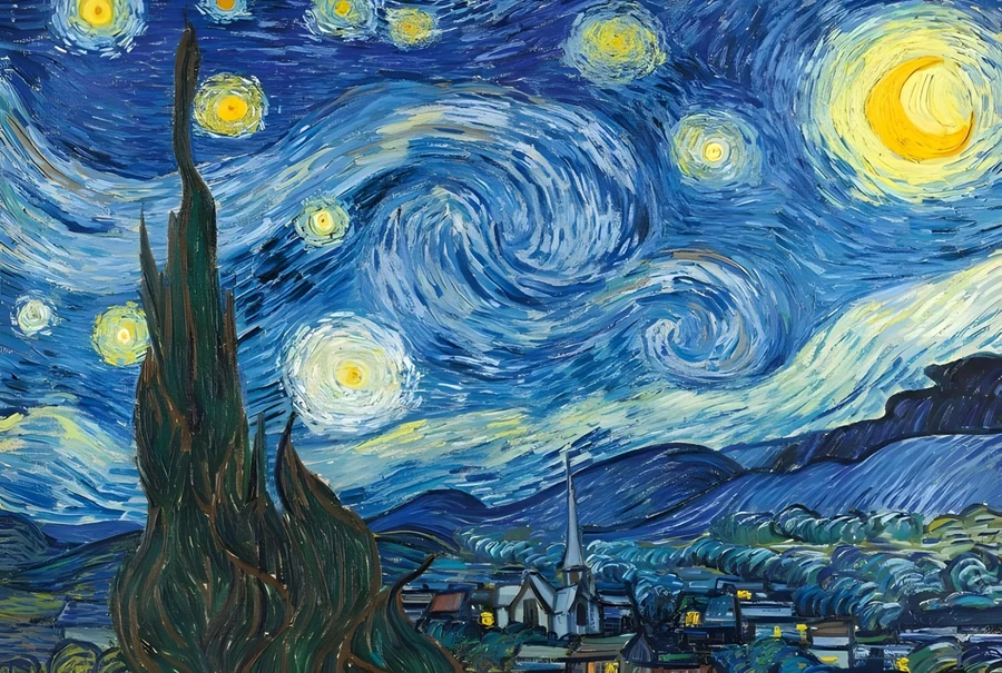 Paint By Numbers kit of Van Gogh’s The Starry Night – swirling sky over a quiet town at night, Canadian art kit