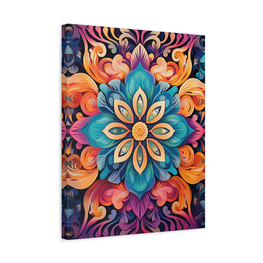 Vibrant Mandala Paint By Numbers artwork featuring a richly detailed, symmetrical floral mandala with vivid blues, oranges, and purples in a kaleidoscope design shown in a frame